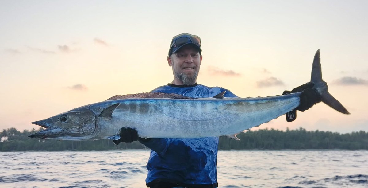 Angler holding a wahoo on a SALTRIPS boat near a palm-lined island at sunrise